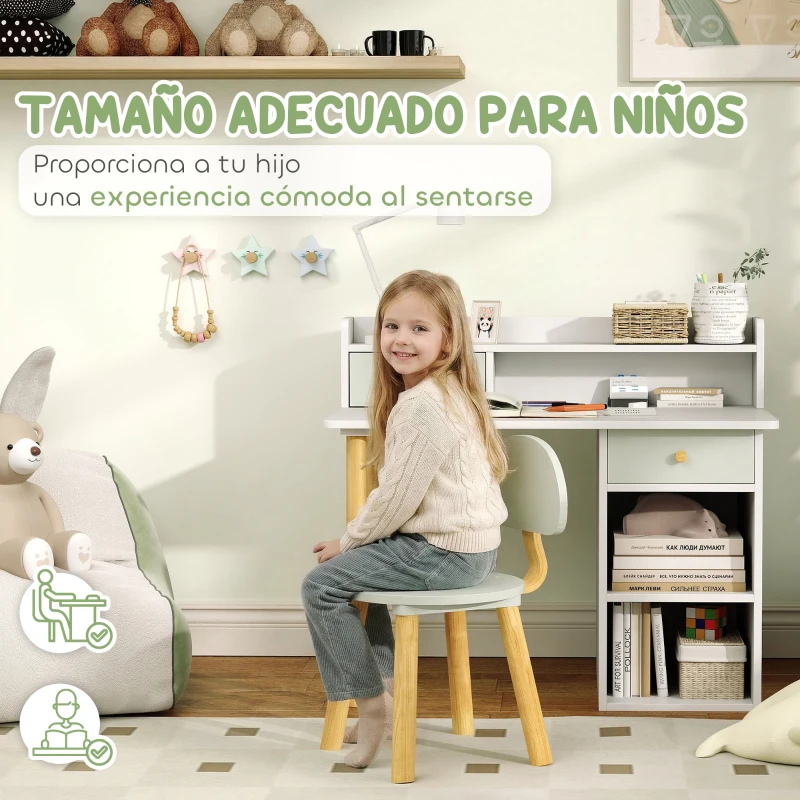 AIYAPLAY Juego de Escritorio Infantil con Silla Pupitre Infantil con Cajones Compartimento y Estantes Verde Claro y Blanco