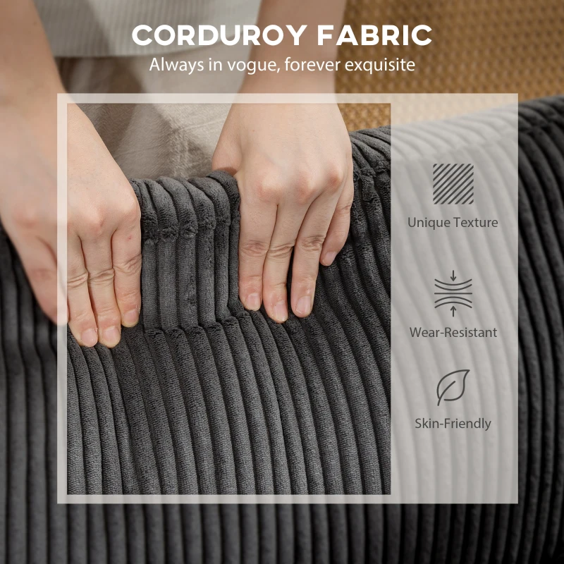 HOMCOM Colțar formă U canapea cu arcuri în buzunar, cotiere capitonate, otoman mobil, corduroy 292x224x85 cm Gri închis