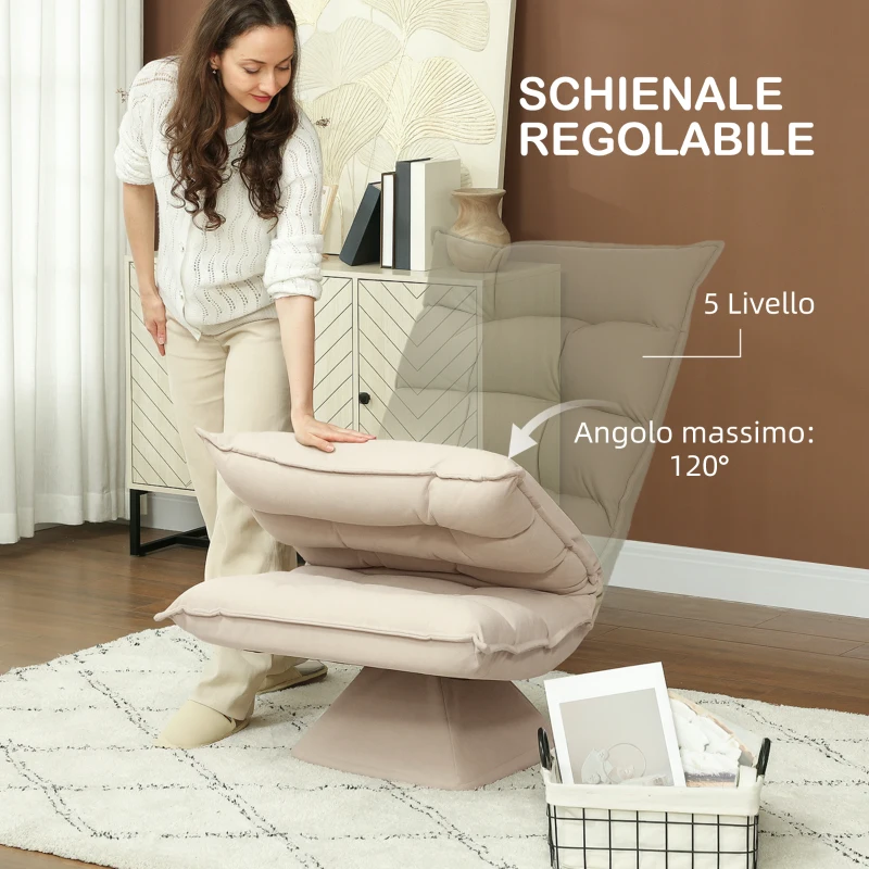 HOMCOM Poltrona Relax Girevole 360° con Schienale Regolabile in 5 Posizioni in Tessuto Effetto lino, Beige