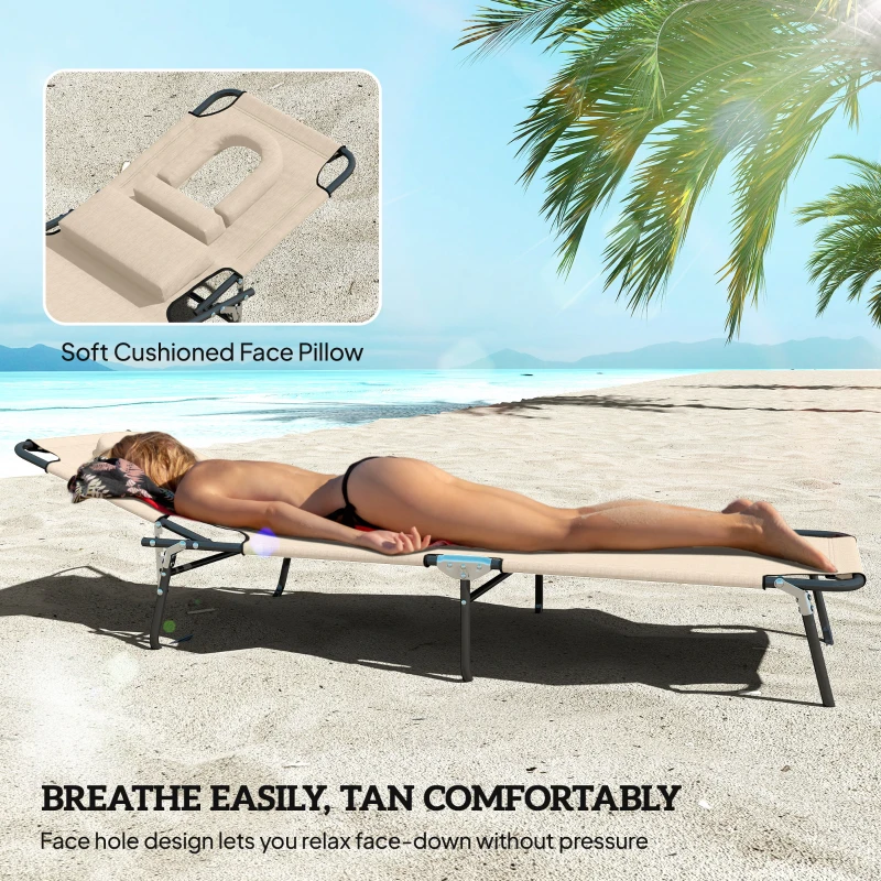 Outsunny Outdoor Foldable Sun Lounger, 4 Level Adjustable Backrest Reclining Sun Lounger Chair with Pillow and Reading Hole, Beige