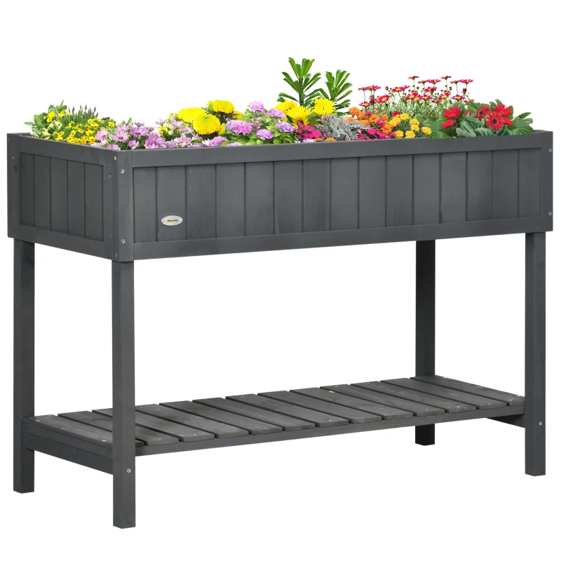 Outsunny Fir Wood Raised Rectangular 8 Compartment Plant Stand Dark Grey