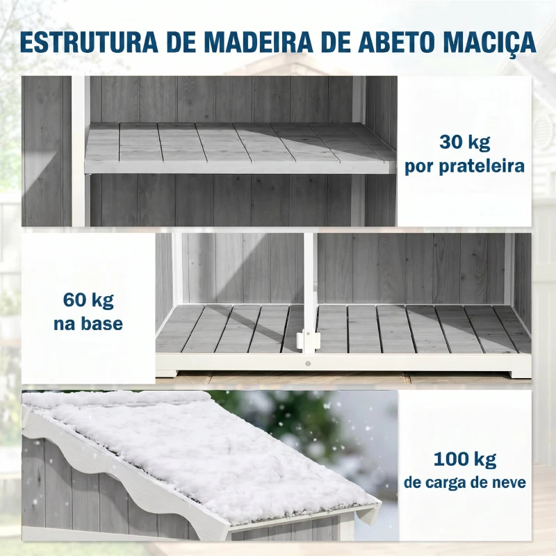 Outsunny Armário de Jardim de Madeira 105x55x179 cm Abrigo de Exterior com Portas 4 Prateleiras Extraíveis Teto Metal Galvanizado Cinza