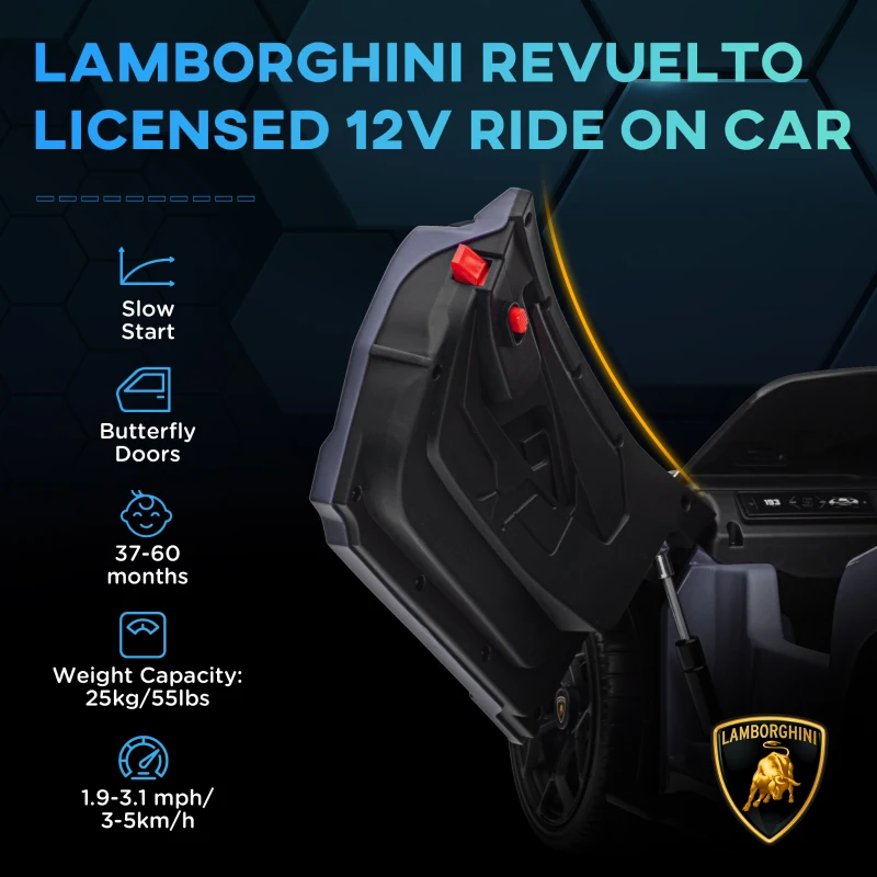 AIYAPLAY Lamborghini Revuelto Licensed Kids Electric Car with Butterfly Doors, 12V Ride on Car with Training Wheels, Suspension, Remote Control, LED Lights Music Horn, for 3-5 Years Grey