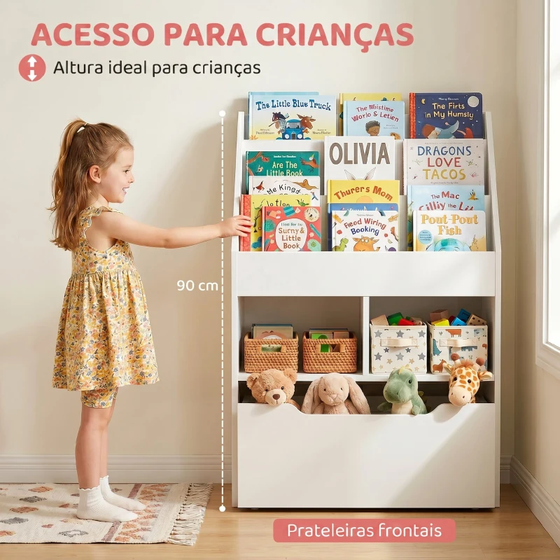 HOMCOM Estante de Madeira para Brinquedos com 3 Compartimentos 2 Cubos e Gaveta Móvel com 4 Rodas Estante para Livros Infantil para Dormitório Infantil Sala de Jogos 60x29,9x90cm Branco