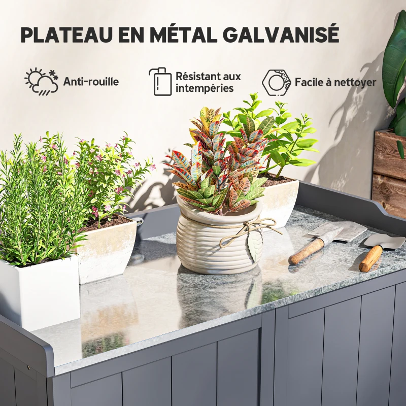 Outsunny Armoire de rangement de jardin sur pied, table de rempotage 2 en 1 double porte, étagère, plateau métal galvanisé - gris