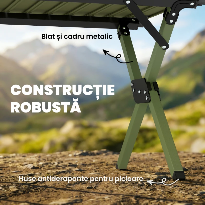 Outsunny Masă de Camping Pliabilă 116 cm, Masă de Picnic Rezistentă la Apă cu Suprafață Rulabilă și Cadru Metalic, Verde