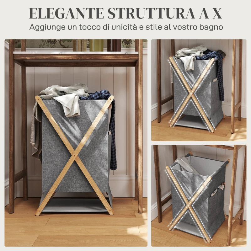 HOMCOM Cesto Portabiancheria Pieghevole 55L in Tessuto e Telaio in Bambù, Legno e Grigio