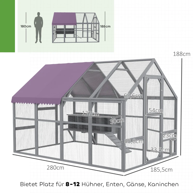 PawHut Kurnik, dom dla kur, buda dla kur, wejście, odporny na warunki pogodowe, 280 x 185,5 x 188 cm, Szary