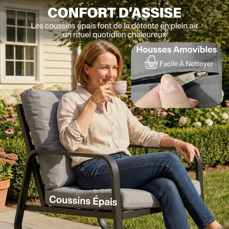 Outsunny Salon de Jardin 4 Pièces avec Coussins Déhoussables Très Épais 10cm Table Basse en Verre Trempé Noir