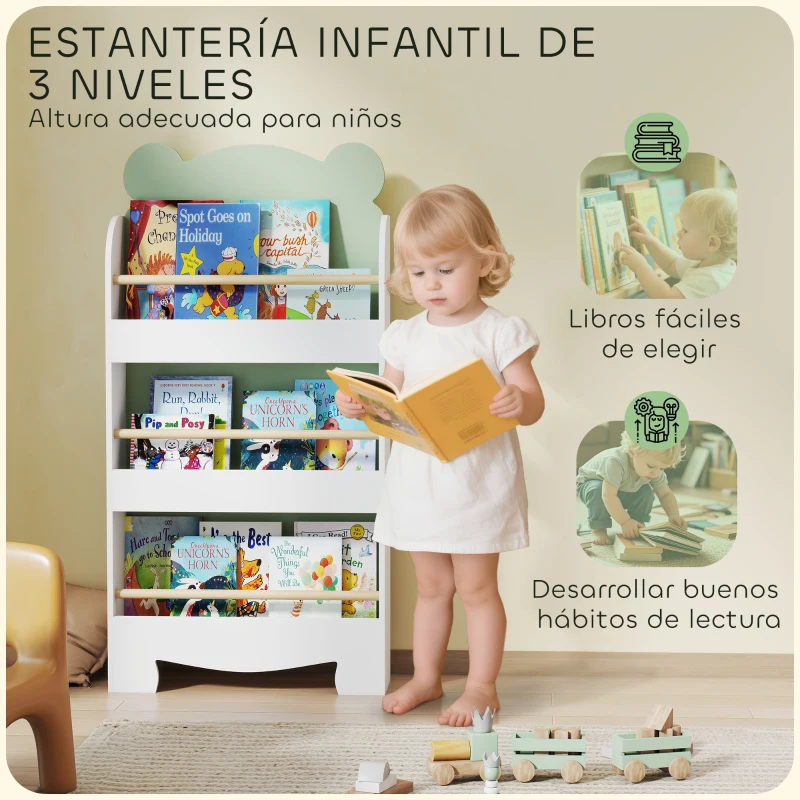 AIYAPLAY Estantería Infantil 3 Niveles Diseño de Osito Bordes Redondeados y Barreras de Seguridad para Libros y Juguetes Verde