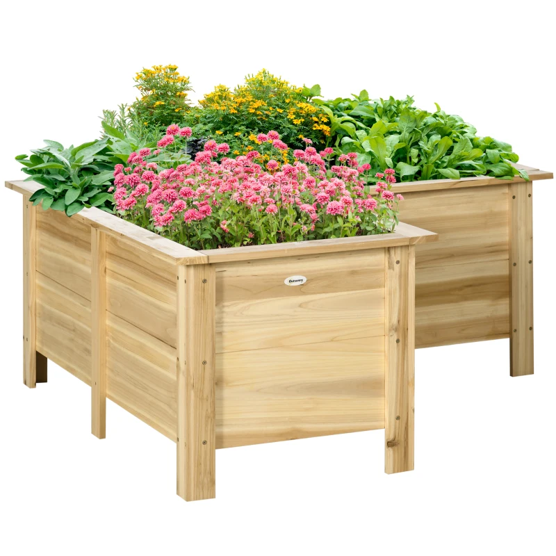 Outsunny Jardinera Elevada de Madera Macetero Exterior en Forma de L con Tela no Tejido Huerto Urbano 120x120x50 cm Natural