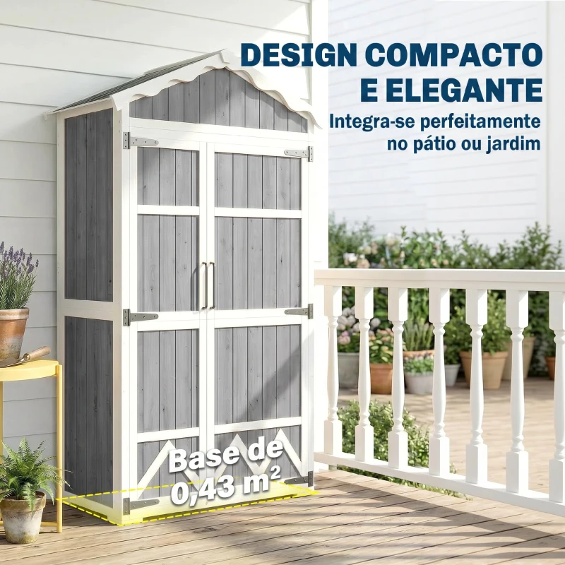 Outsunny Armário de Jardim de Madeira 105x55x179 cm Abrigo de Exterior com Portas 4 Prateleiras Extraíveis Teto Metal Galvanizado Cinza