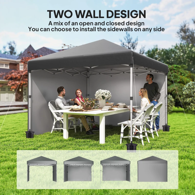 Outsunny 3 x 3 (M) Pop Up Gazebo - UPF 30+ with 2 Sidewalls, Leg Weight Bags, and Wheeled Bag, Height Adjustable Party Tent Event Shelter for Garden, Patio, Dark Grey