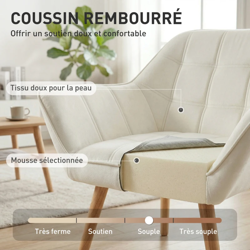 HOMCOM Fauteuil style scandinave dossier haut et accoudoirs, revêtement en polyester effet velours, 67 x 61,5 x 71 cm, crème
