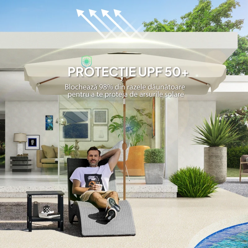 Outsunny Umbrelă de Grădină Dreptunghiulară 2x3 m cu Volănașe și Manivelă, din Metal și Poliester, Bej