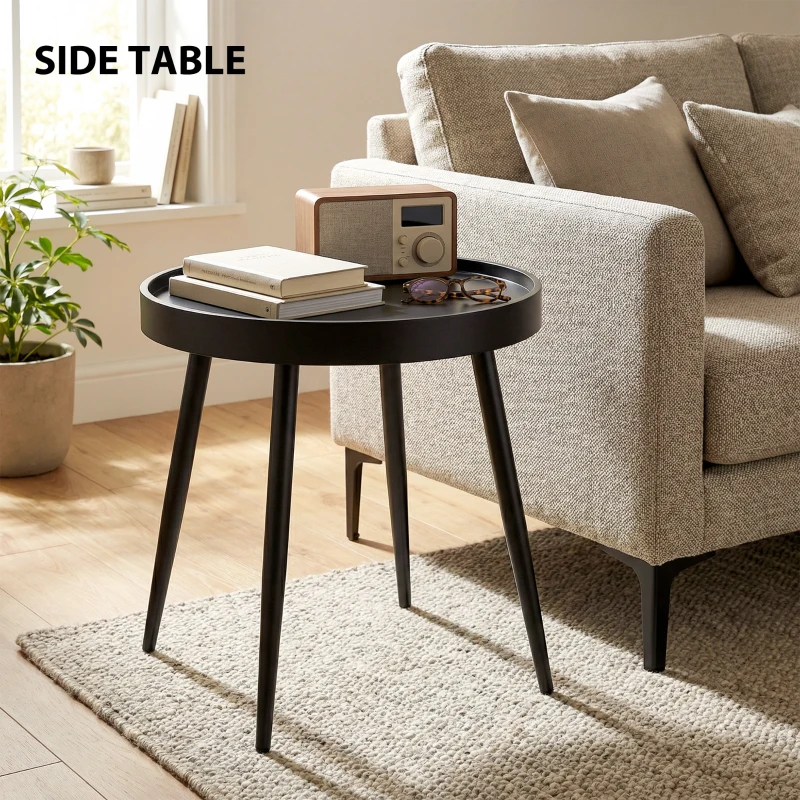 Outsunny 49.5 cm Round Garden Table, Small Outdoor Coffee Side Table with Plastic Tray-Style Top, Metal Legs, Black