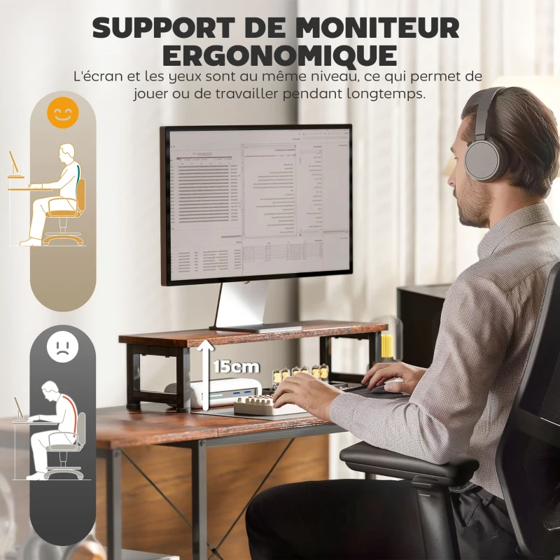 HOMCOM Bureau d'angle réversible, 168-240 cm, bureau d'ordinateur avec étagère réglable, support d'écran, brun rustique