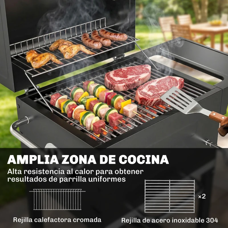 Outsunny Barbacoa de Carbón Portátil con Parrilla de Acero Inoxidable Estante Lateral Termómetro Bandeja y Ruedas Negro
