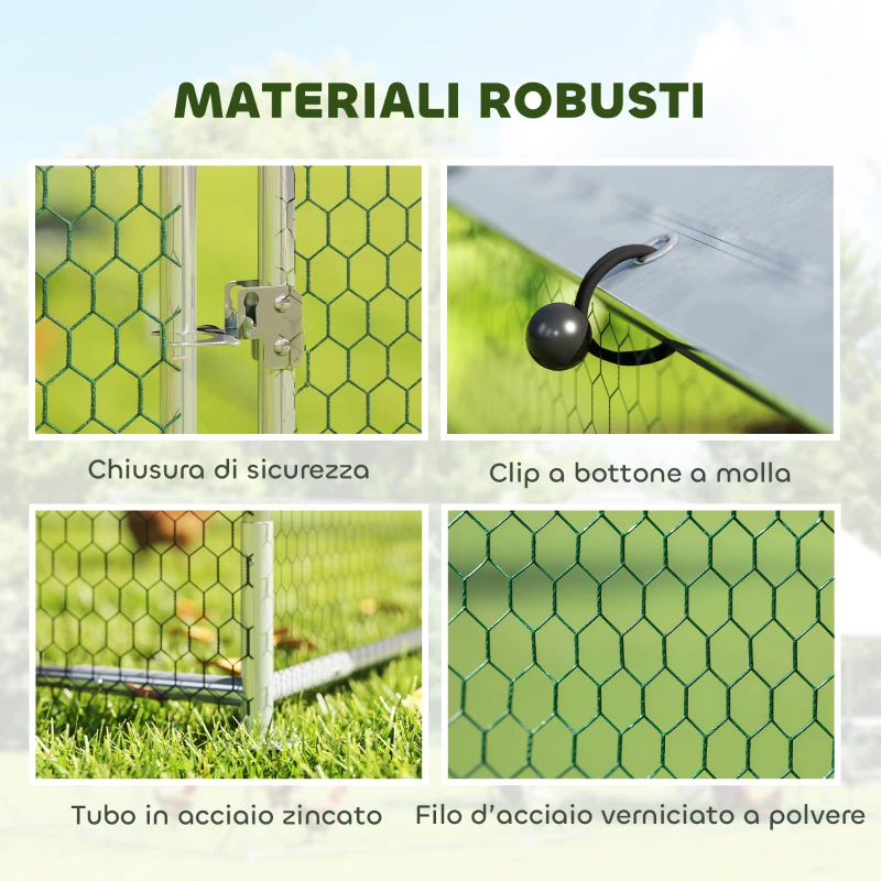 PawHut Pollaio per Galline da Esterno con Tetto Impermeabile e Serratura, in Acciaio Zincato, 2.8x1.7x1.9 m, Argento