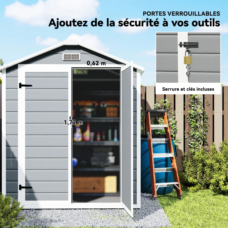 Outsunny Abri de jardin cabanon en résine polypropylène 2,12 m² - 2 portes 1 fenêtre et 1 grille d'aération, toit à pignon, gris(m-8)