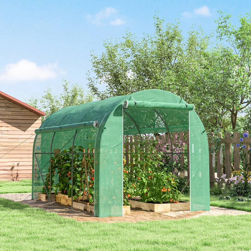 Outsunny Serre tunnel de jardin 6 m² 3 x 2 m avec 1 porte + 2 parois latérales zippées enroulables, 6 fenêtres, vert