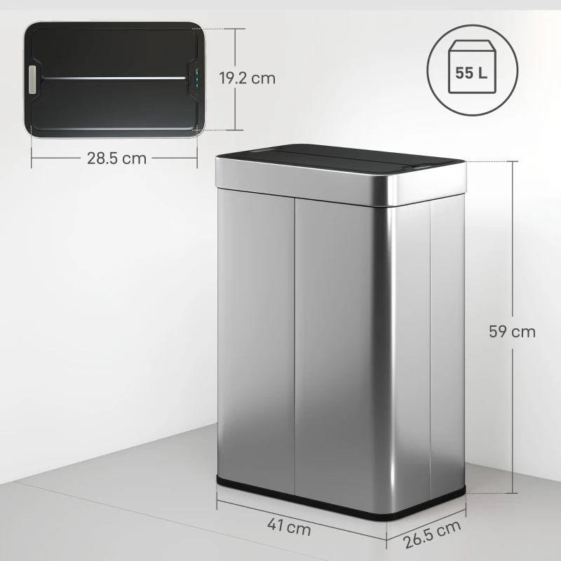 HOMCOM 55L Sensor Bin, Large Automatic Touchless Rubbish Bin with Soft-Close Lid, Silver Tone
