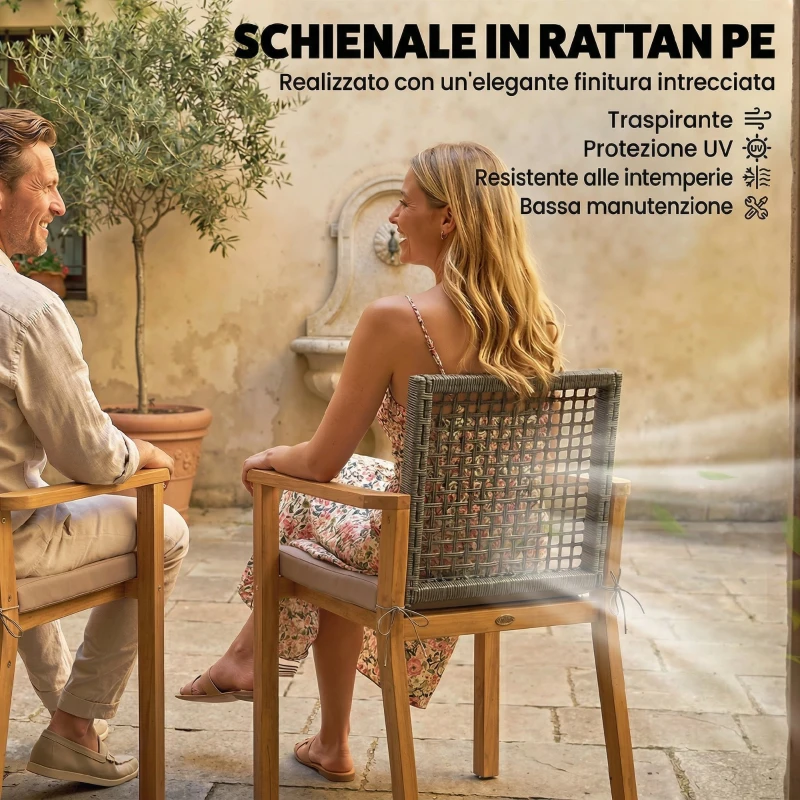 Outsunny Set 2 Sedie da Giardino in Legno di Acacia con Cuscini, Legno Naturale