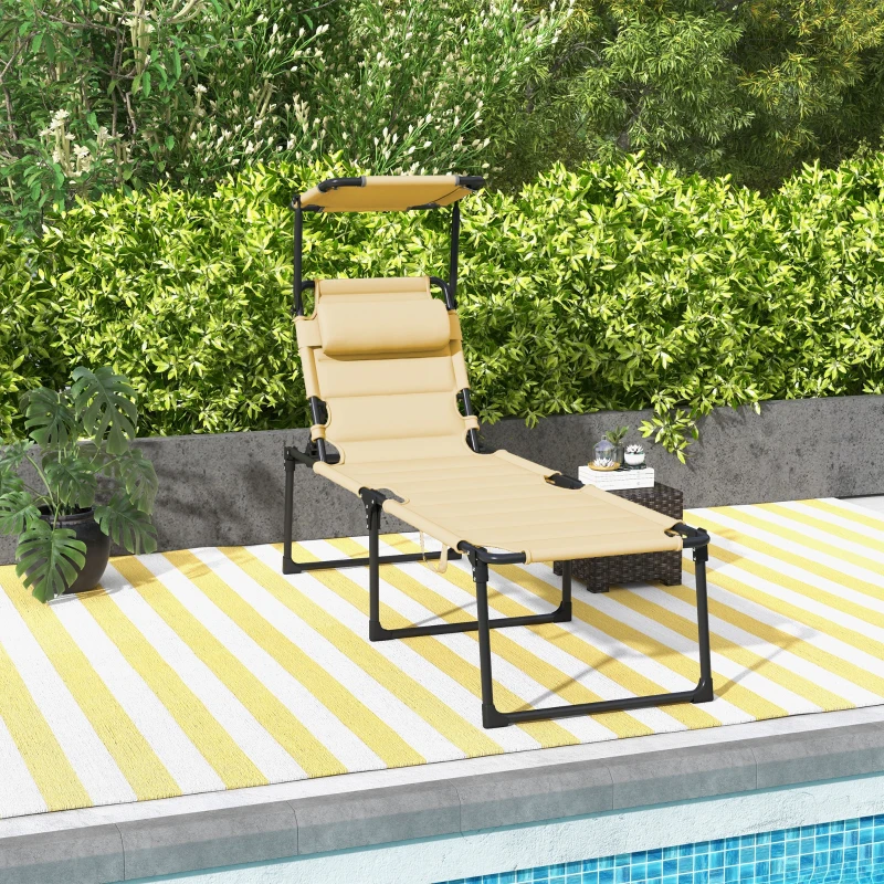 Outsunny Bain de soleil chaise longue pliante avec pare-soleil, appuie-tête inclinable en tissu Oxford 70 x 200 x 45 cm crème