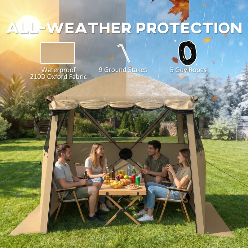 Outsunny Pop Up Gazebo Waterproof Instant Shelter with Awning Mesh Windows for Camping Patio 2 x 2 m, Khaki
