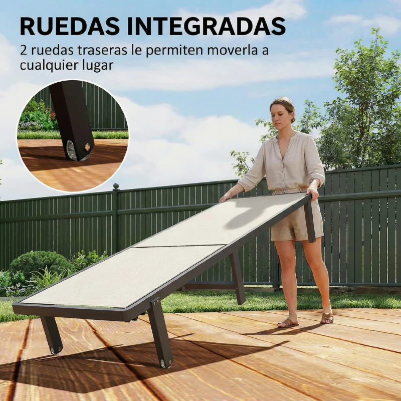 Outsunny Conjunto de 2 Tumbonas Reclinables con Ruedas Respaldo Ajustable 4 Niveles Estructura de Aluminio Tela Textilene Beige