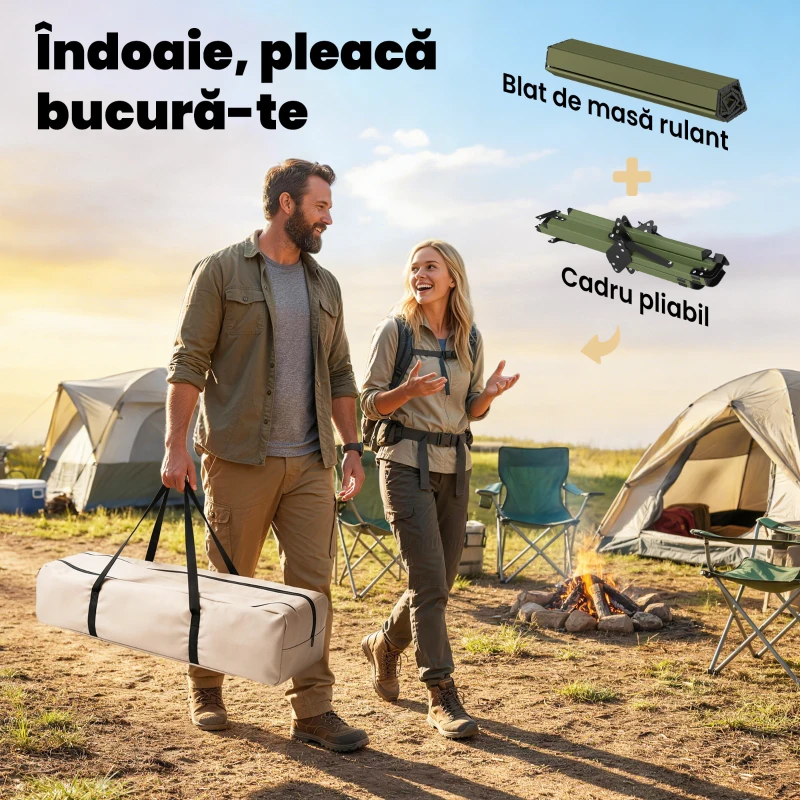 Outsunny Masă de Camping Pliabilă 116 cm, Masă de Picnic Rezistentă la Apă cu Suprafață Rulabilă și Cadru Metalic, Verde