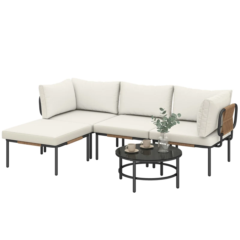 Outsunny Conjunto de Jardim 5 Peças, Rattan Modular em L com Almofadas, Cor Caqui
