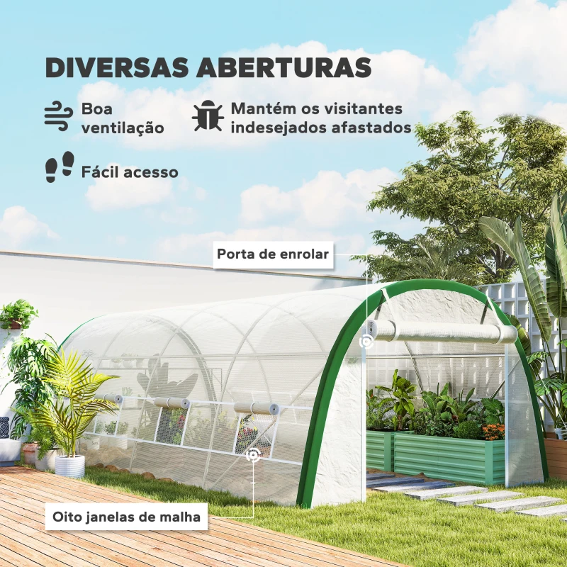 Outsunny Estufa de Exterior 6x3x2 m Estufa de Túnel com Porta Enrolável 8 Janelas com Rede Cobertura PE 140g/m² Estrutura em Aço Branco