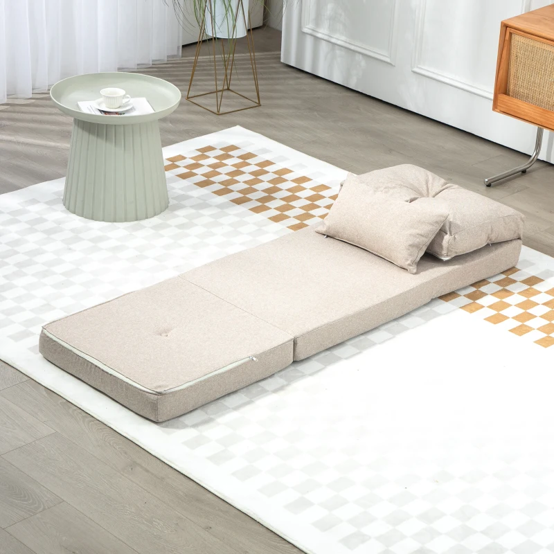 HOMCOM Sofá Cama Individual Plegable Sofá Cama Tapizado en Lino con Respaldo Ajustable 5 Posiciones 1 Almohada Beige