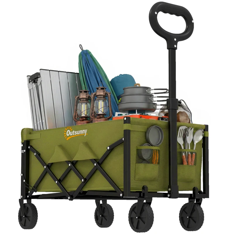 Outsunny 60L Foldable Festival Trolley on Wheels, Collapsible Wagon Cart with Drop-Down Tailgate, Adjustable Handle, Green