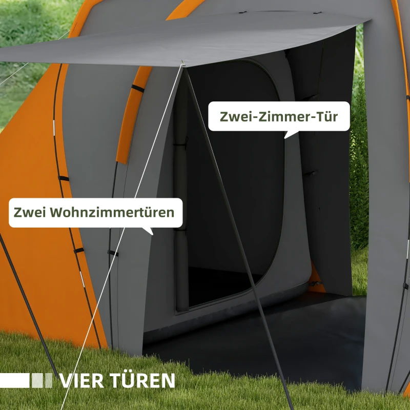 Outsunny Tunnelzelt, 2000mm Wasserabweisend Campingzelt für 4-6 Personen, mit 2 Schlafzimmern Wohnbereich Tragetasche Grau+Orange