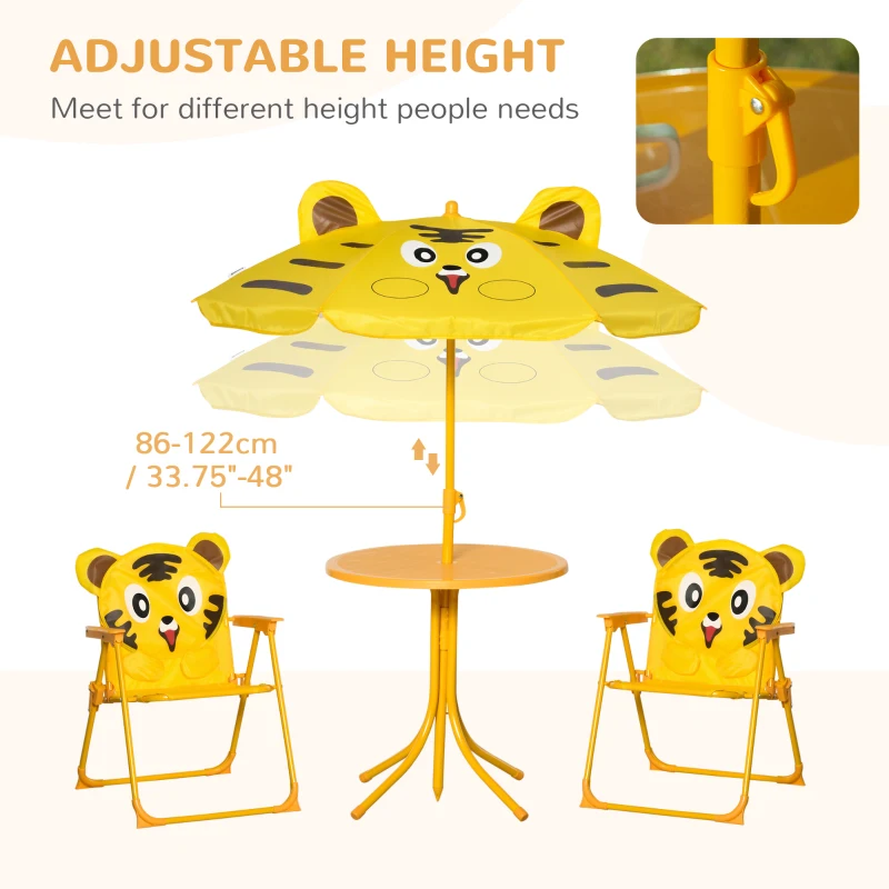 Outsunny Kids 4-Piece Garden Set Tiger Design - Round Table + 2 Folding Chairs + Parasol - Epoxy Metal Oxford Yellow