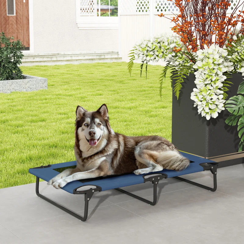 PawHut Lit surélevé pour chiens pliable rafraîchissant, lit de camp pour animaux en maille respirante 107x61x20cm bleu foncé