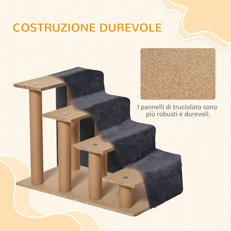 PawHut Scaletta per Cani Portatile a 4 Gradini, in Tessuto Vellutato Sfoderabile e Legno, 60x35x44 cm, Grigio Scuro