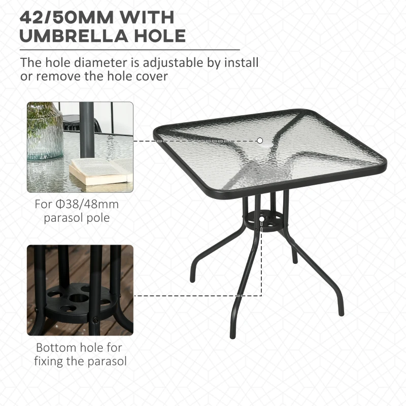 Outsunny Square Patio Table - Tempered Glass Top Bistro Table, Garden Dining Table, Outdoor Accent Coffee Table, 76 x 76cm, Steel Frame with Umbrella Hole