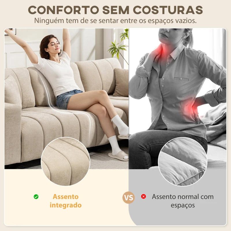 HOMCOM Sofá Chaise Longue Reversível Sofá de Canto em Forma de L de 3 Lugares 2 Almofadas Estofado em Linho 242x156x87 cm Bege