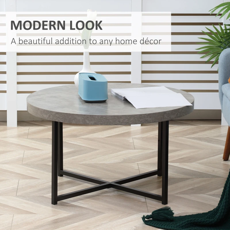 HOMCOM Round concrete-effect coffee table in wood and metal - Ø 80 x 45 cm - crossed base