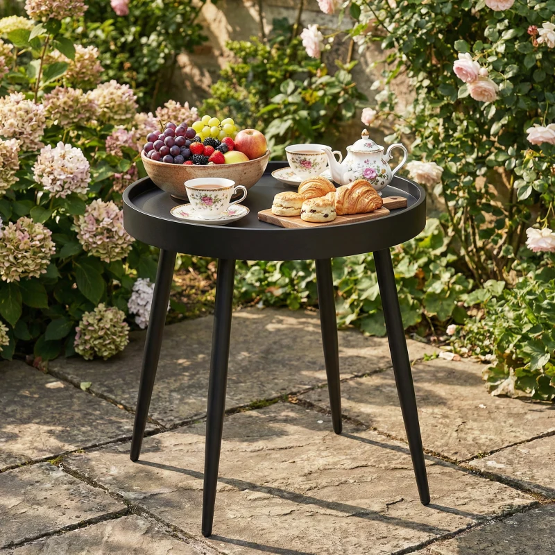 Outsunny 49.5 cm Round Garden Table, Small Outdoor Coffee Side Table with Plastic Tray-Style Top, Metal Legs, Black