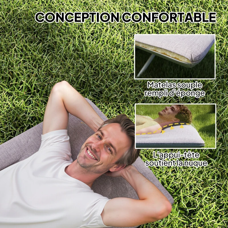 Outsunny Lit de camping pliable avec matelas transat chaise longue sac de rangement intégrée dim. 185L x 65l x 37H cm gris