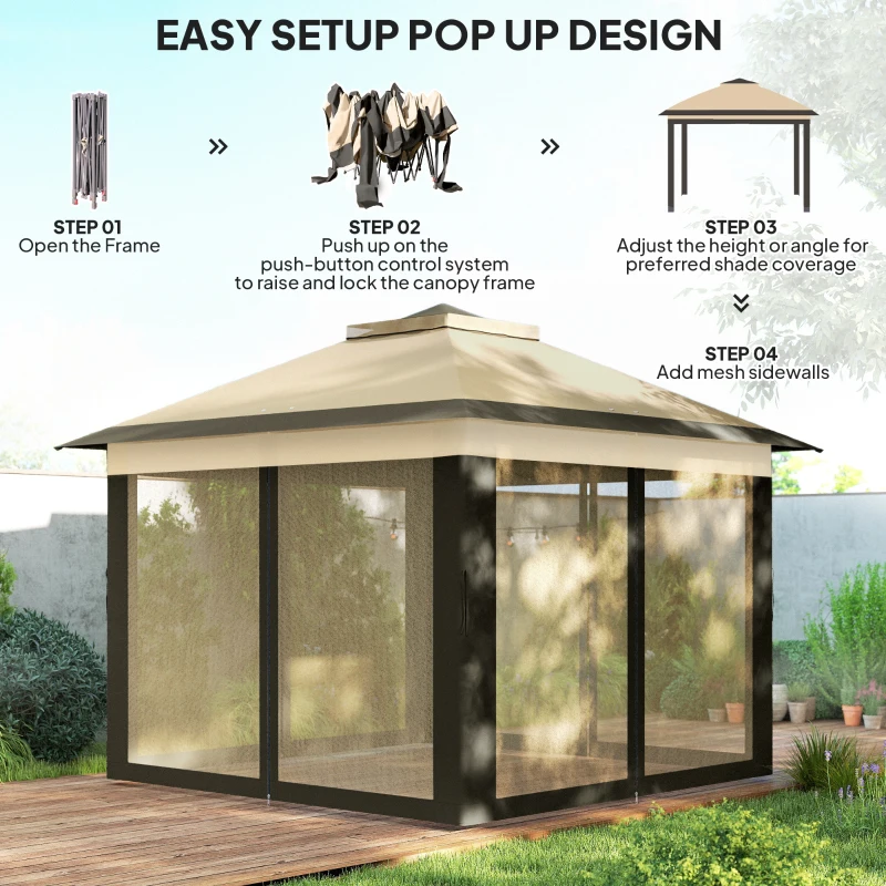 Outsunny 330cm x 330cm Pop Up Canopy - Double Roof Foldable Tent with Zipped Mesh Sidewalls, Adjustable Height, and Carrying Bag, Event Tent for Patio Garden, Beige