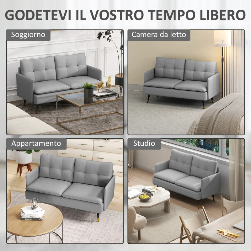 HOMCOM Divano 2 Posti in Tessuto con Cuscini Imbottiti e Gambe in Acciaio 139x68x80cm, Grigio