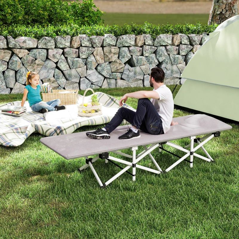Outsunny Lit de camping pliable avec matelas transat chaise longue sac de rangement intégrée dim. 185L x 65l x 37H cm gris