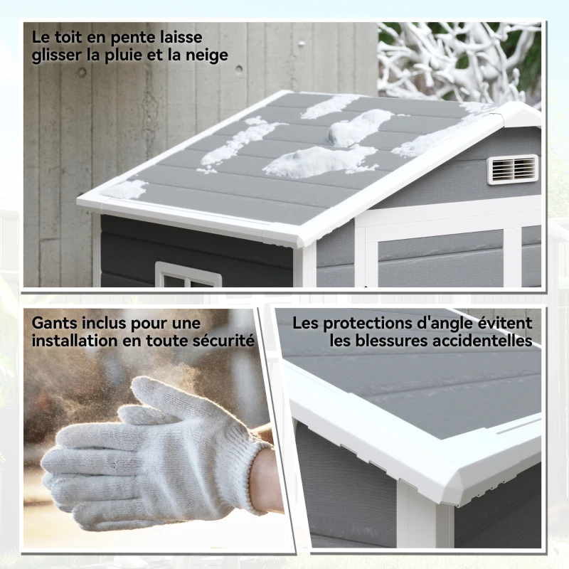 Outsunny Abri de jardin cabanon en résine polypropylène 2,12 m² - 2 portes 1 fenêtre et 1 grille d'aération, toit à pignon, gris(m-9)