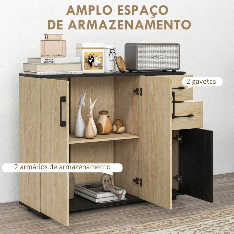 HOMCOM Aparador Estreito para Sala com 2 Portas, 2 Gavetas e Prateleira Ajustável 90x30x75,5 cm Natural e Preto