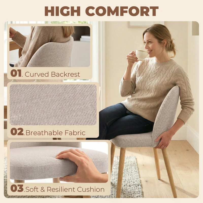 HOMCOM Set de 2 Scaune de Masă Moderne, Scaune de Bucătărie cu Tapițerie din In, Șezut Imbătut, Spătar Curbat, Picioare din Lemn de Cauciuc, Ușor de Asamblat, Alb Crem